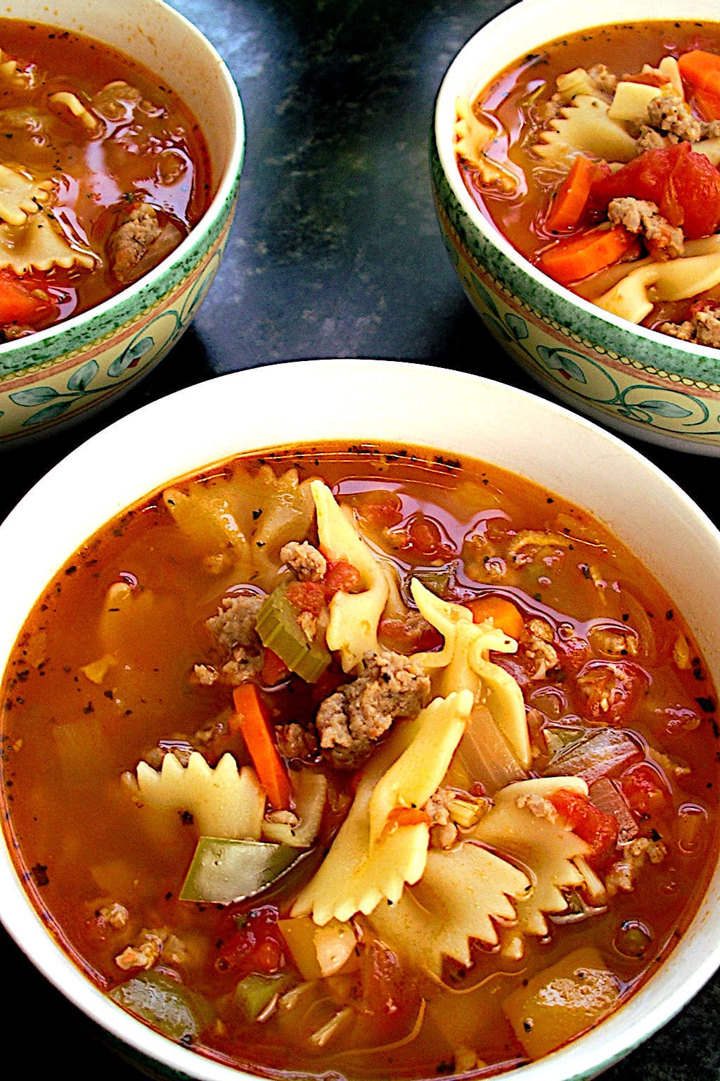 bowls of pasta-sausage soup