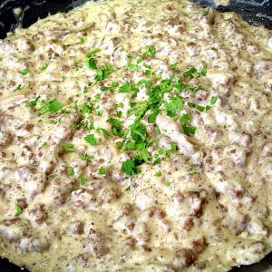 Ground beef, condensed soup, sour cream and mushrooms