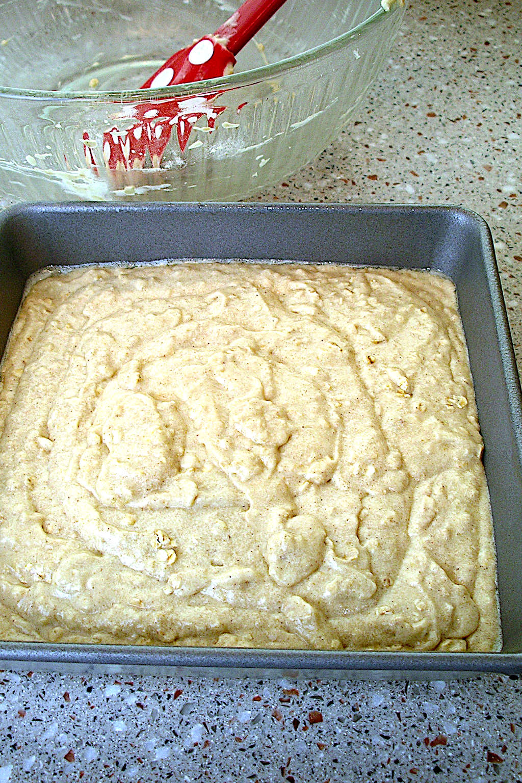 batter for orange-oatmeal snacking cake ready to go into the oven.