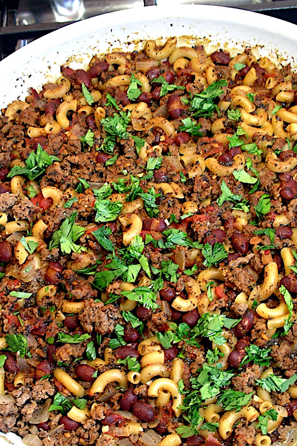 A finished pan of semi-homemade chili mac