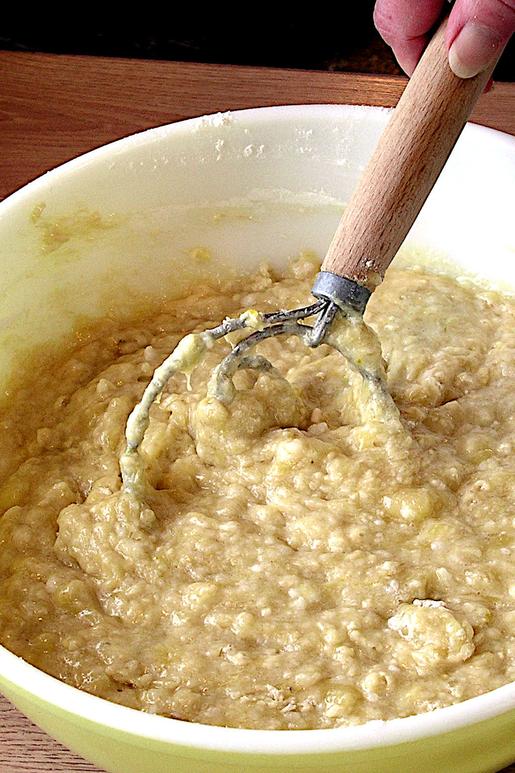 Danish whisk mixing banana bread batter