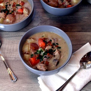 three servings of normandy-style pork stew