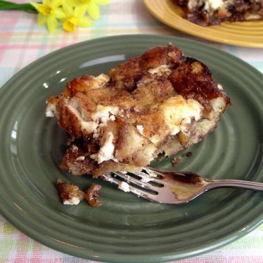 two servings of sticky bun strata with daffodils