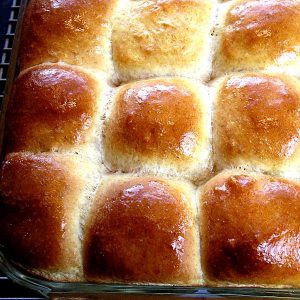 A pan of finished refrigerator rolls